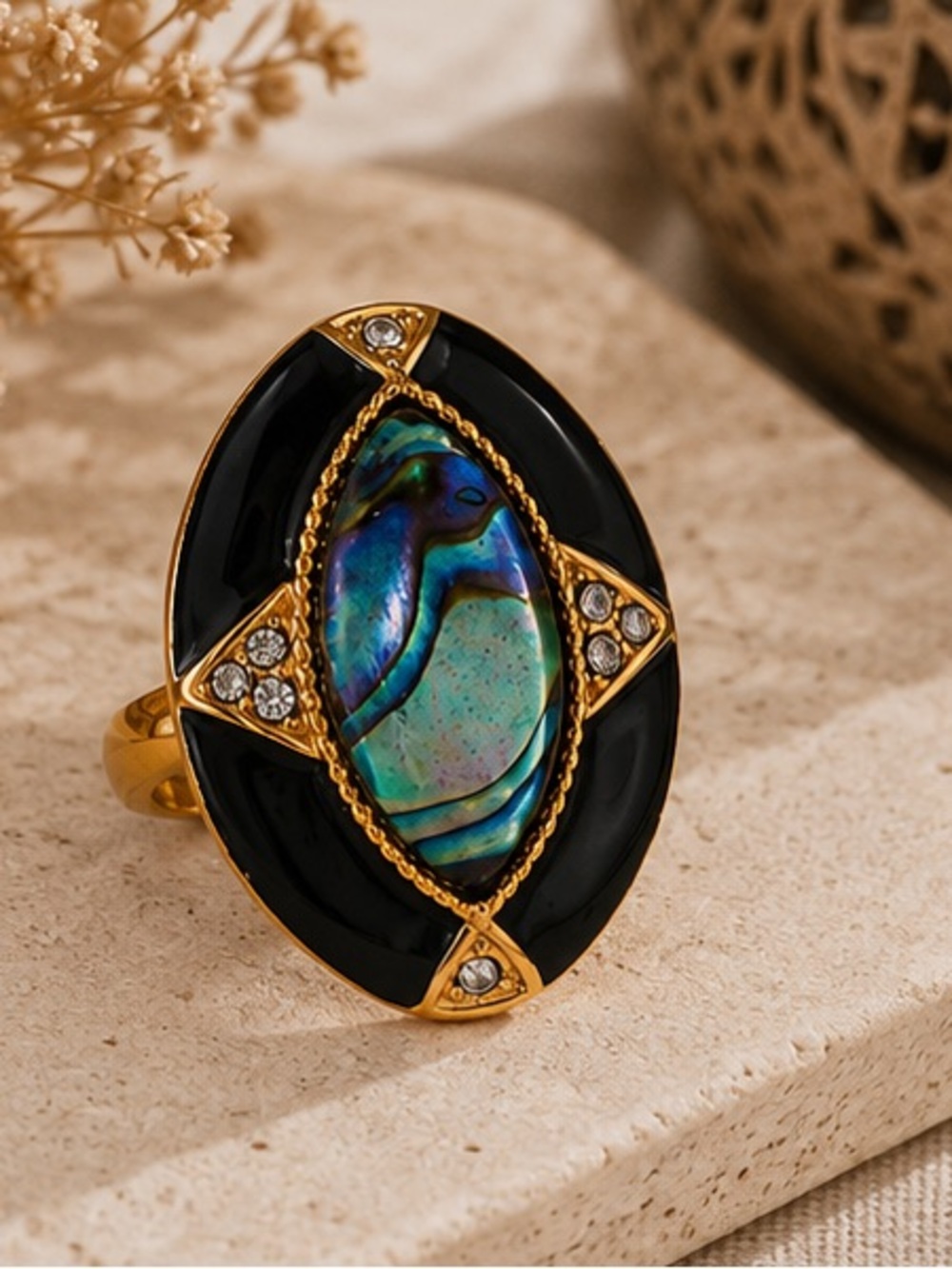 Vintage Inspired Black Enamel Abalone Statement Ring